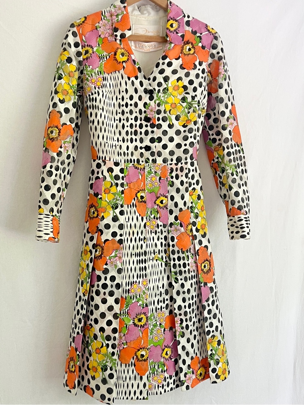 Rare 60s Lanvin Paris Mod Print dress pleated floral silk jacquard luxury VTG